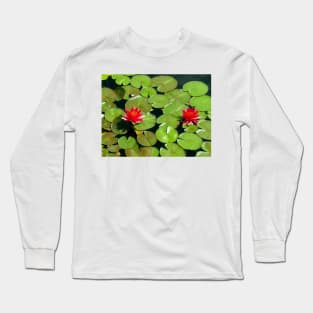 Floating pair of Red Water Lilly Flowers on Pond Long Sleeve T-Shirt